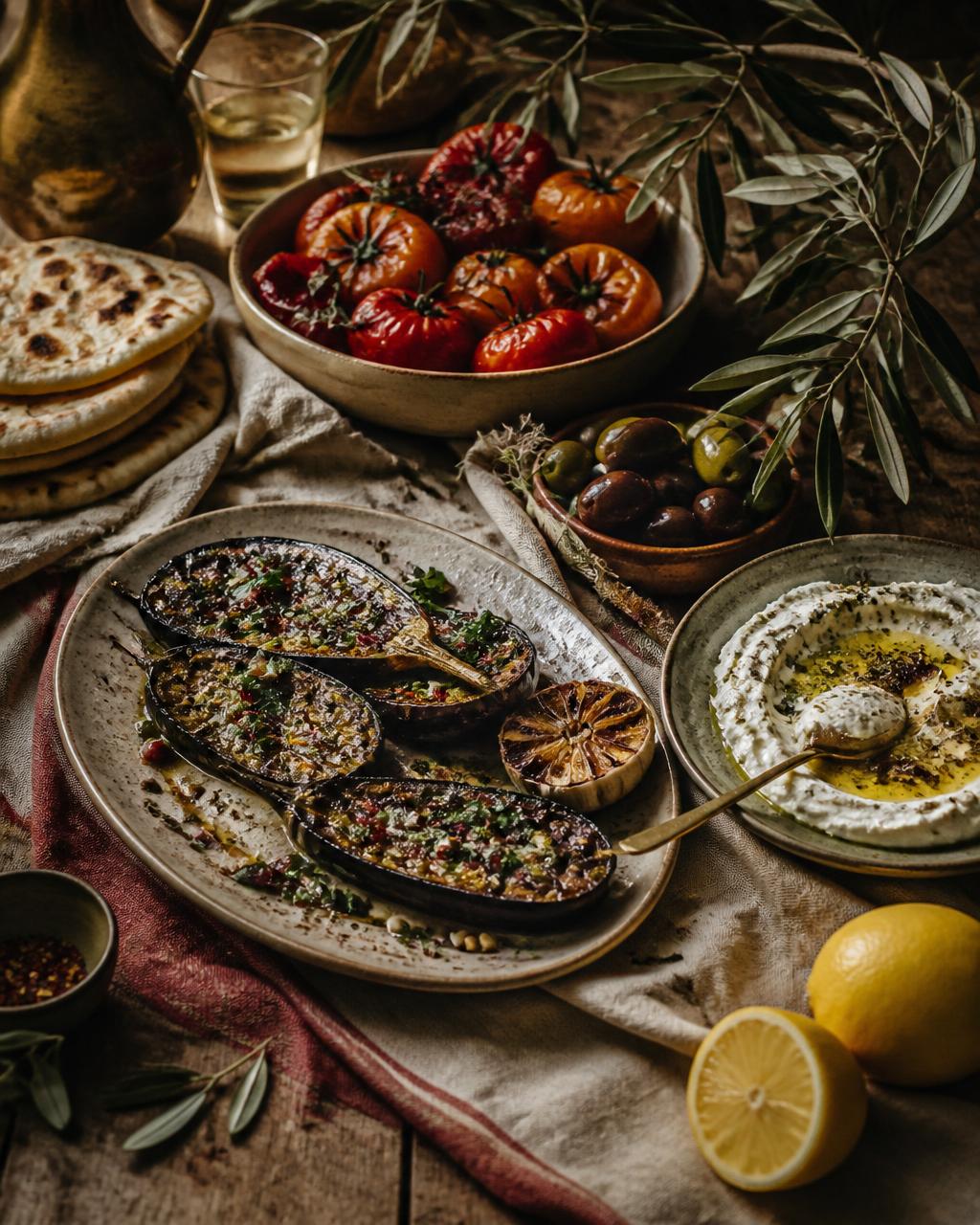 Mediterranean vegan feast on a linen-draped wooden table